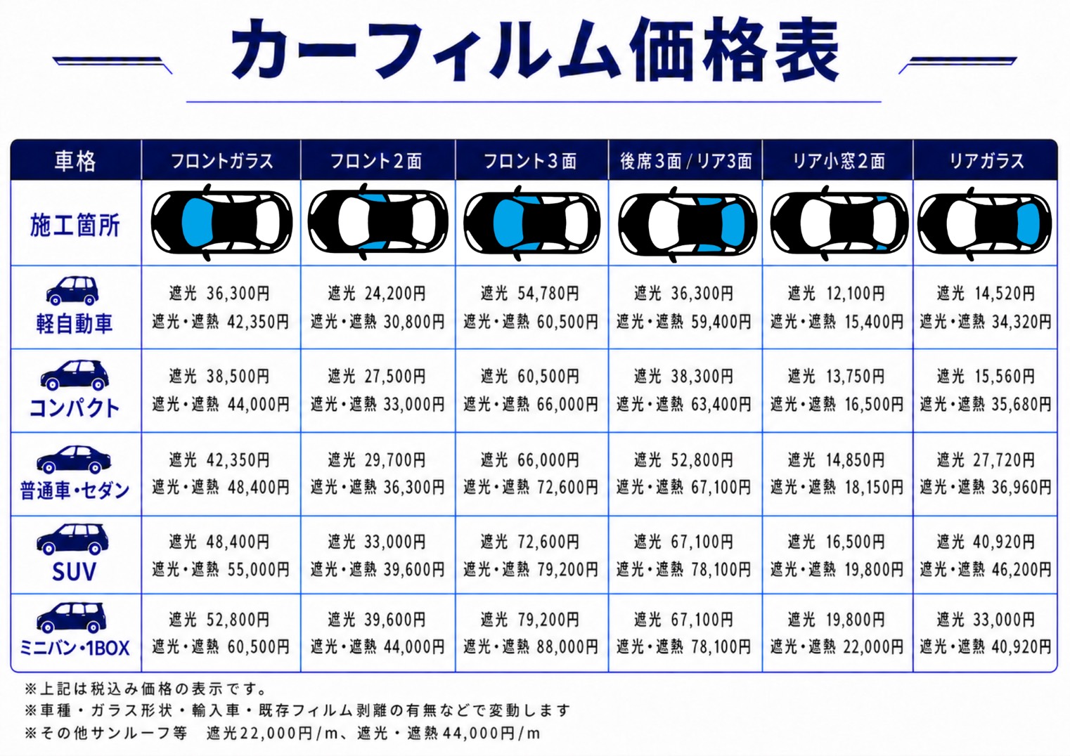 カーフィルム価格表